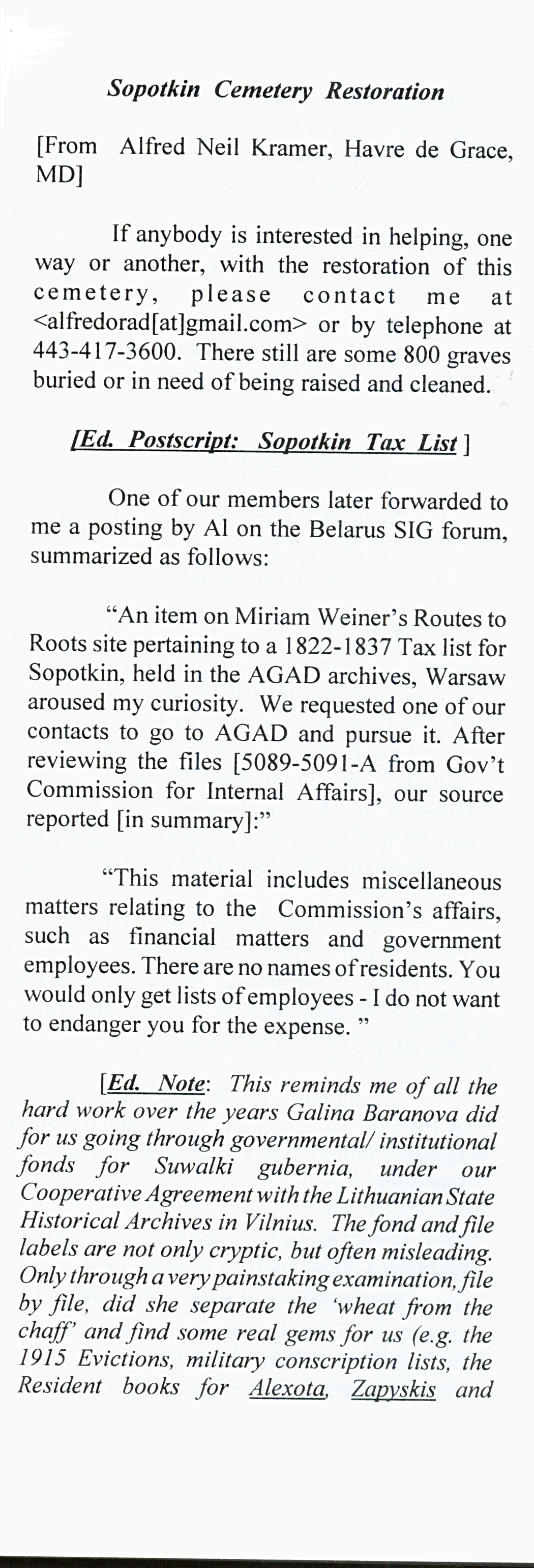 Landsmen newsletter, 2010 — article about the Sopotskin cemetery restoration project, page 1