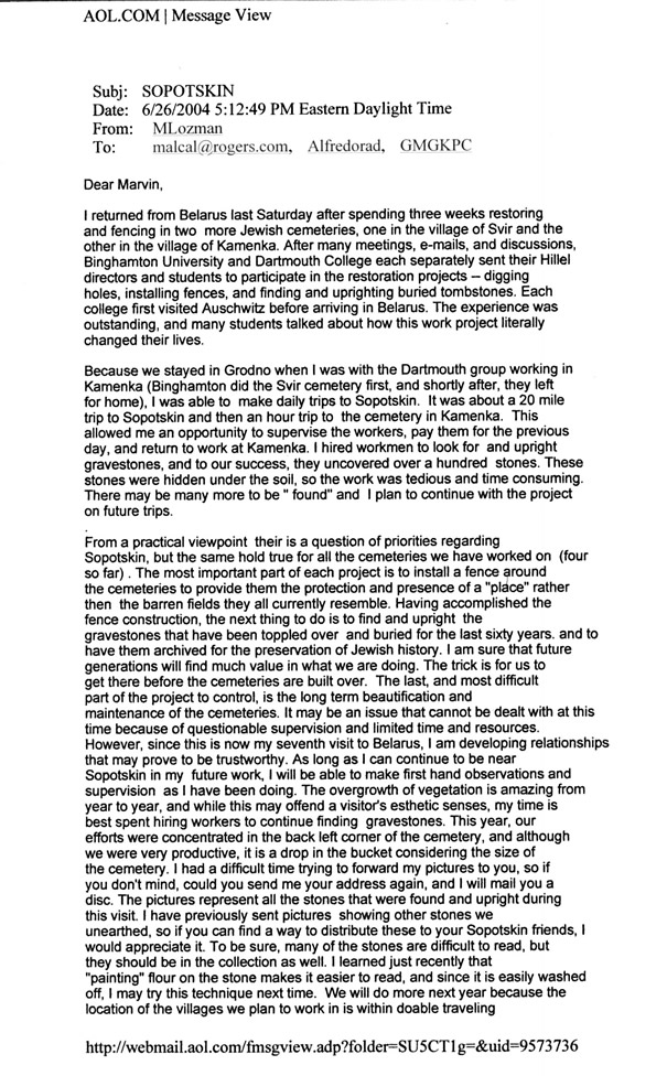 Scanned email correspondence regarding the Sopotskin cemetery restoration, June 2004, page 1