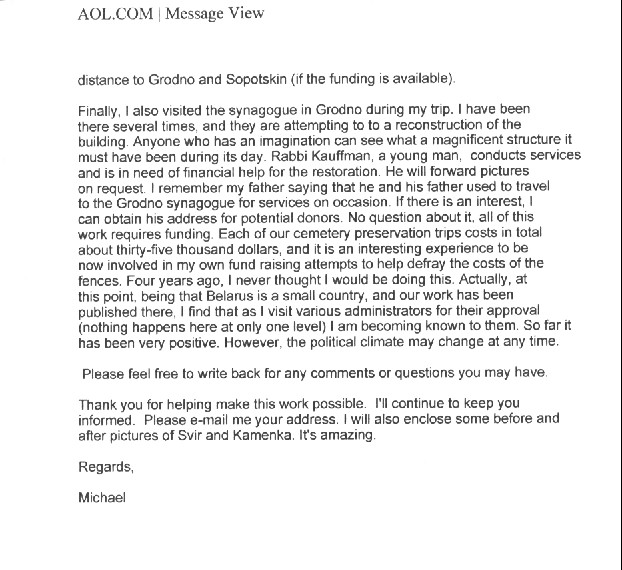 Scanned email correspondence regarding the Sopotskin cemetery restoration, June 2004, page 2