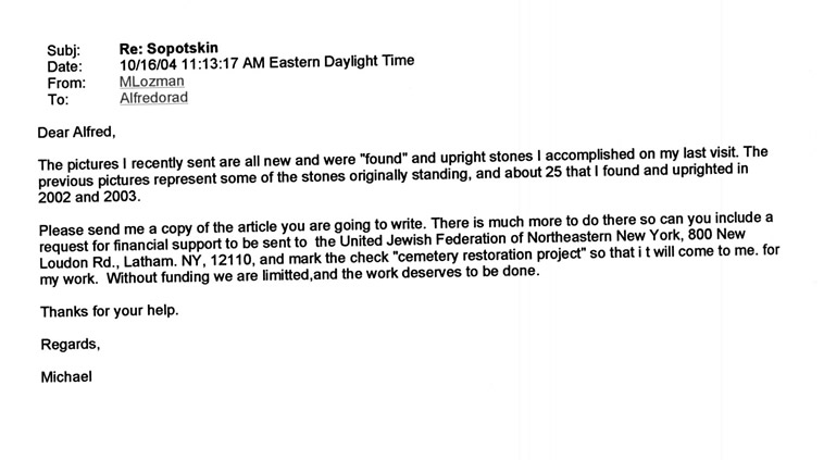 Scanned email correspondence regarding the Sopotskin cemetery restoration, October 2004